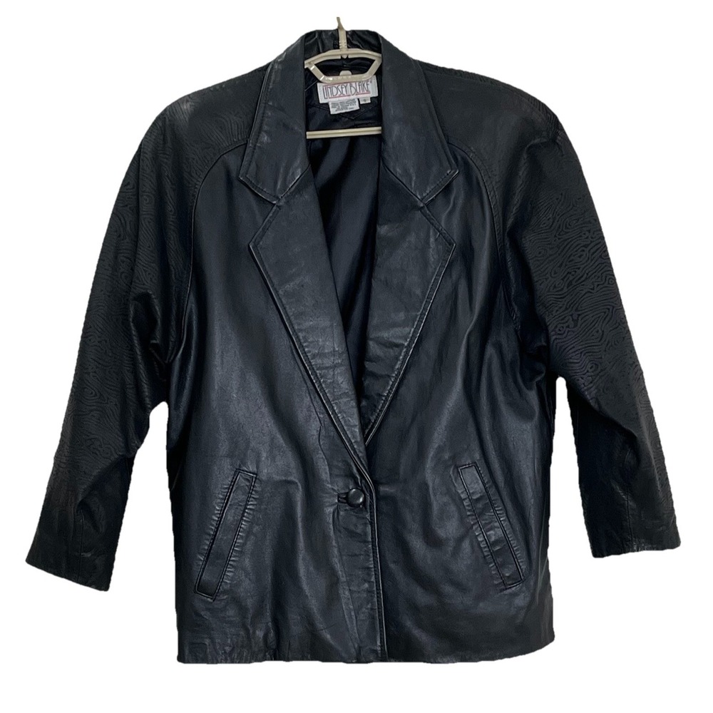 Lindsey Blake Womens Blazer Jacket S Black 100% Leather Embossed Pattern Vintage